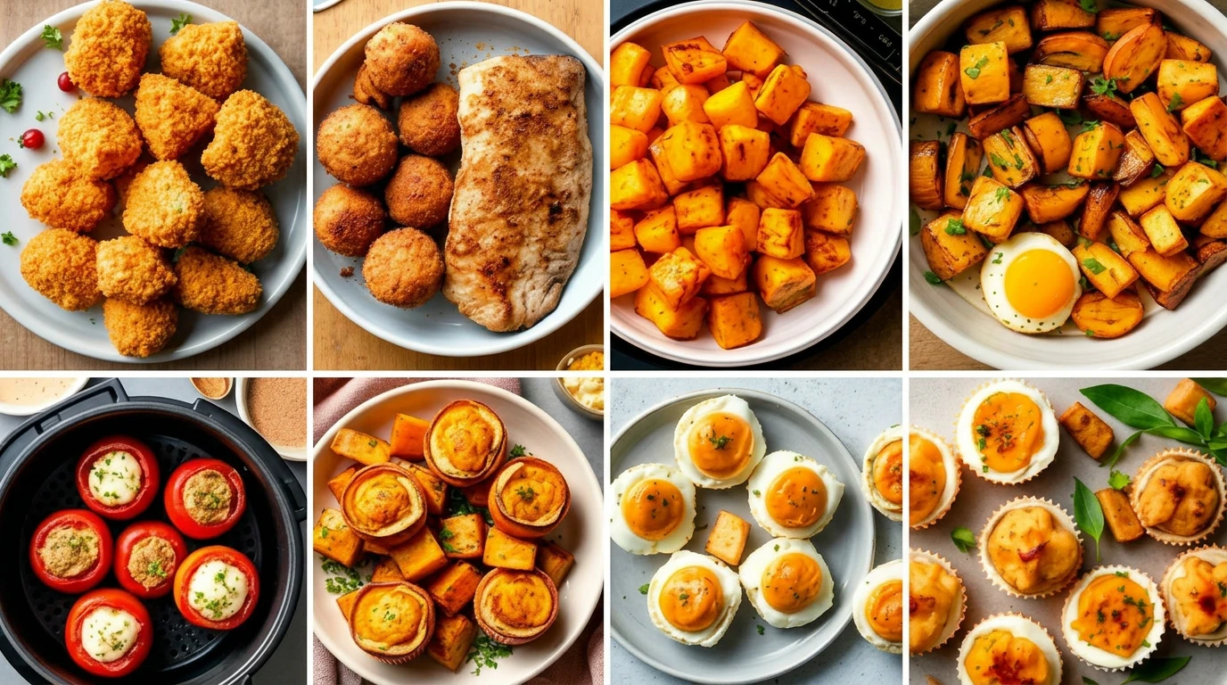 Koláž lahodných jedál pripravených v teplovzdušnej fritéze